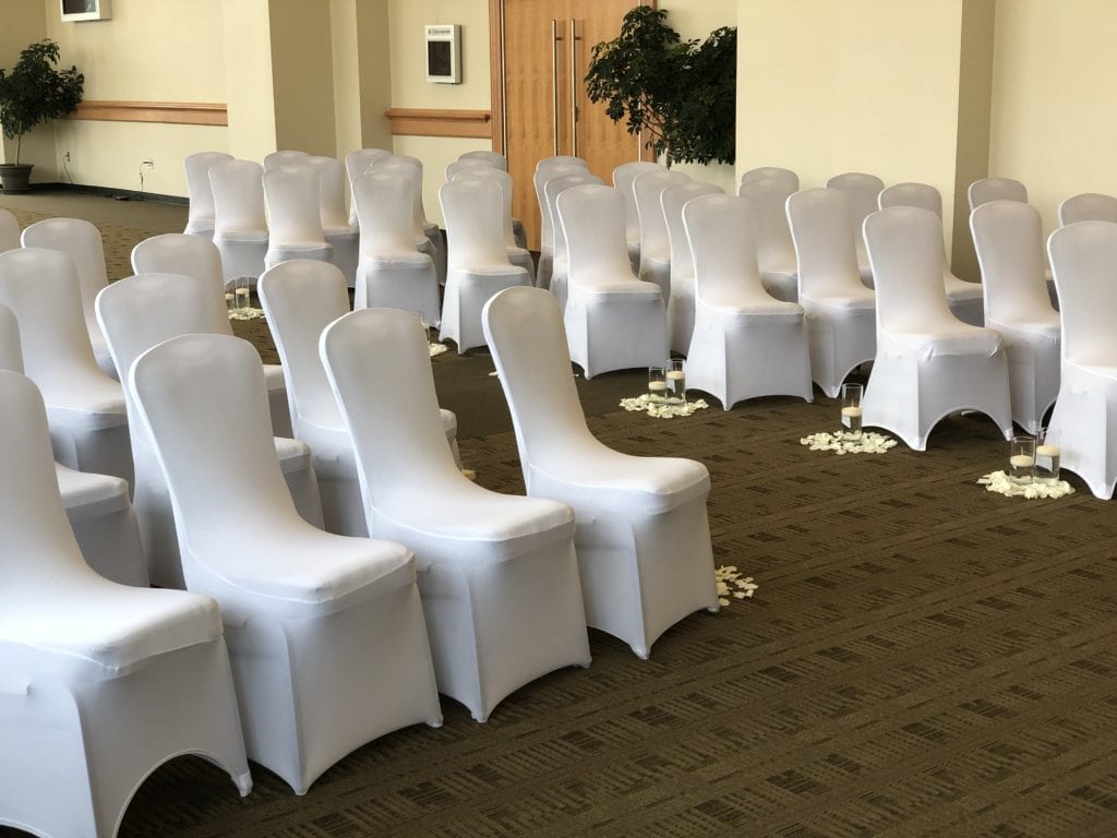 Empty chairs set-up before Sharpe Wedding
